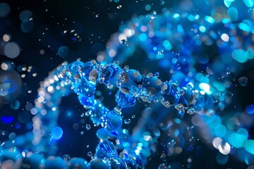 Poster - A mesmerizing visual of blue DNA helixes showcases vibrant bubbles floating amidst sparkling light against a dark background, creating an intriguing biological portrayal.
