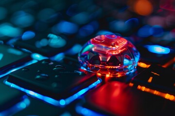 Poster - A translucent keycap rests on a backlit keyboard, illuminating with vibrant colors in a creative workspace. The setting feels dynamic and engaging for tech enthusiasts.