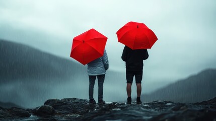 Two people stand on rugged rocks with bright red umbrellas, gazing at a fog-covered lake and mountainous scenery as gentle rain falls softly, providing calmness.