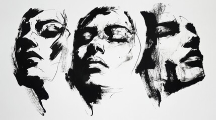 Poster - Three black and white ink portraits showcase unique facial expressions. Generative AI