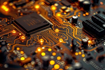 Poster - A detailed view of a circuit board with bright glowing components and a central microchip, illustrating the complexity of electronic technology at work.