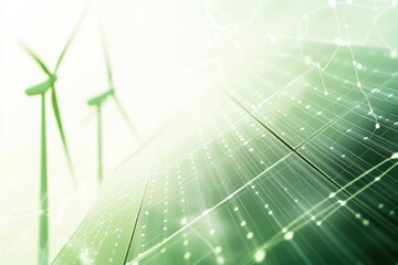 Poster - Solar panels capture sunlight while wind turbines spin gently in the background, showcasing a sustainable energy landscape. Generative AI