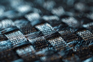 Poster - The intricate weaving of a textile reveals a close-up view that highlights its rich textures and patterns in deep blue and silver, showcasing artistry in fabric design.