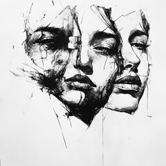 Poster - Strong contrasts and intricate lines capture the essence of emotions in these dynamic black and white portraits, revealing unique expressions. Generative AI
