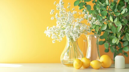 Poster - Bright floral and lemon arrangement in glass vase with yellow background