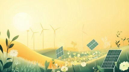 Poster - Solar panels and wind turbines populate a serene landscape with abstract green patterns under a bright sunlit atmosphere. Generative AI