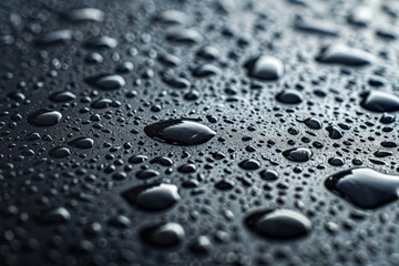 Poster - Close-up of water droplets clinging to a dark surface, highlighting their shapes and reflections. The image captures the stillness and beauty of moisture after rainfall.