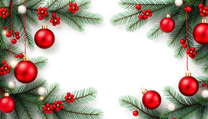 Wall Mural - Fir tree branches with red christmas balls frame isolated with white highlights, png