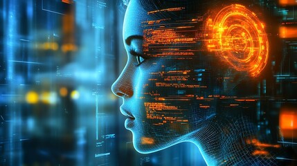 Poster - Digital AI Female Profile with Futuristic Interface and Data Visualization : Generative AI
