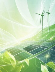 Poster - Solar panels and wind turbines are integrated into a minimalistic green environment, representing clean energy and sustainability. Generative AI