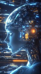 Aufkleber - Futuristic Cybernetic Woman AI with Advanced Technology Interface : Generative AI