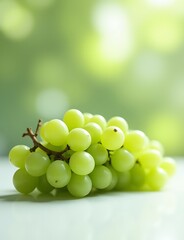 Aufkleber - A cluster of fresh green grapes rests on a clean white surface in front of a digitally generated artistic image created by AI technology.