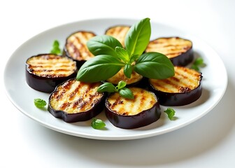 Poster - A grilled eggplant dish featuring fresh herbs is prominently displayed against a clean white surface, created using generative AI technology.