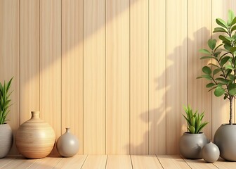 Poster - A warm light brown wooden background provides a subtle natural setting for various decorative items.