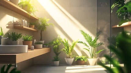 Poster - Bright and Serene Botanical Bathroom with Lush Green Indoor Plants : Generative AI