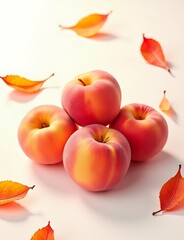 Poster - Ripe peaches sit on a white background surrounded by leaves in vibrant colors created using generative AI technology.