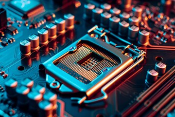 Poster - The shot highlights a detailed computer motherboard, focusing on a central processing unit socket surrounded by various electronic components and glowing lights in vibrant colors.