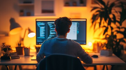 Aufkleber - Software Developer Focused at Desk Amidst Cozy Home Office Setup at Night : Generative AI