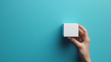 Poster - Minimalist Hand Holding White Cube Against Pastel Blue Background for Creative Design : Generative AI