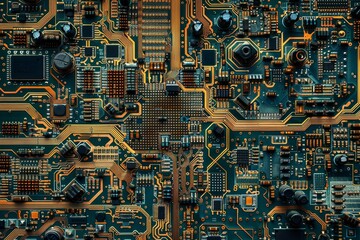 Poster - A detailed view of a circuit board reveals the complexity of electronic components and pathways that power modern devices, highlighting innovation in technology.