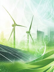 Poster - Solar panels and wind turbines combine harmoniously with abstract green patterns, showcasing a commitment to renewable energy. Generative AI