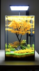 Poster - Illuminated Aquarium with Vibrant Foliage and Bonsai Tree Creating a Beautiful Indoor Landscape : Generative AI
