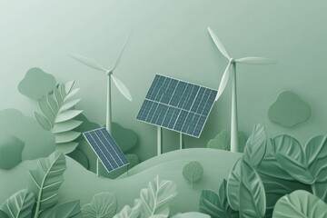 Aufkleber - Solar panels and wind turbines create a sustainable energy scene against an abstract green backdrop featuring foliage patterns. Generative AI