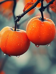 Aufkleber - Closeup Ripe Dew-Kissed Persimmons on a Misty Autumn Morning : Generative AI