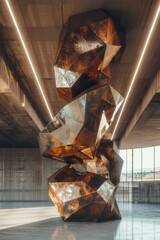 Poster - Modern bronze sculpture in a spacious hall. AI.
