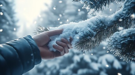 Aufkleber - Exploring Nature Hands Brushing Snow off Evergreen Tree in Winter Woods : Generative AI