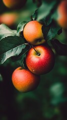 Aufkleber - Close-up of Ripe Red Apples Hanging in Orchard with Lush Green Leaves and Natural Autumn Lighting : Generative AI
