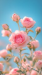 Poster - Beautiful Blooming Pink Roses against a Clear Blue Sky : Generative AI
