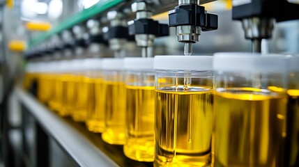 Leinwandbilder - Automatic Bottling Line with Multiple Filled Bottles Conveying Golden Liquid Product : Generative AI
