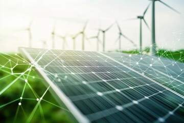 Poster - Solar panels capture sunlight while wind turbines spin in the background, showcasing sustainable energy practices in a vibrant environment. Generative AI