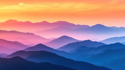 Poster - Dramatic sunset paints the mountain landscape in shades of orange, pink, and purple, creating a serene atmosphere over the peaks. Generative AI