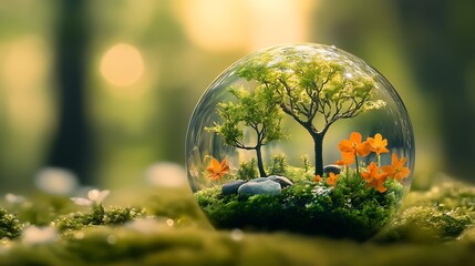Poster - Miniature Ecosystem Inside Glass Ball with Trees and Orange Flowers on Mossy Forest Floor : Generative AI