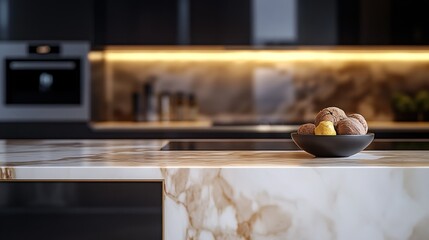Poster - Bowl of Walnuts and Pears on a Marble Kitchen Countertop