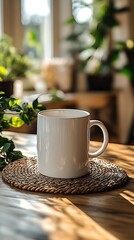 Poster - Serene Morning Coffee Mug on Rustic Table in Sunlit Room with Greenery : Generative AI