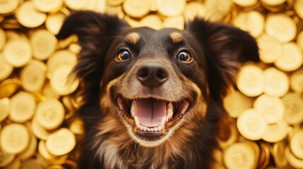 Poster - Happy dog surrounded by gold coins representing joy prosperity and abundance