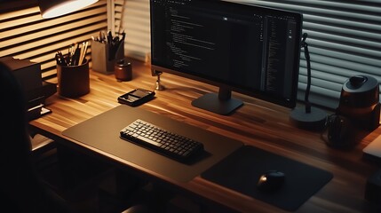 Poster - Minimalist Home Office Desk with Night Lamp and Tech Gadgets Supporting a Focused and Organized Work Environment : Generative AI