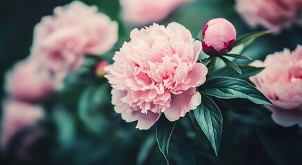 Poster - Lush Pink Peony Blossom Among Verdant Foliage in Tranquil Garden Setting : Generative AI
