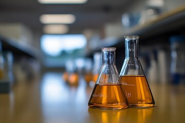 Aufkleber - Close-Up of Laboratory Glassware with Orange Liquid on Wooden Surface in Laboratory Setting : Generative AI