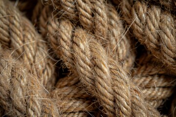 Detailed view of thick, natural fiber rope intertwined and resting, highlighting the unique texture and craftsmanship under soft lighting in a serene setting.