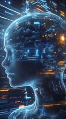 Aufkleber - AI Futuristic Woman in Cybernetic Enviroment with Digital Interfaces : Generative AI