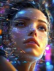 Aufkleber - Cyberpunk Envisioned Future Woman in Digital Neon Infused Environment : Generative AI
