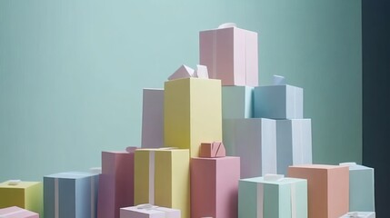 Poster - Pastel Colored Gift Boxes Arranged in a Cityscape