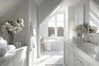 © Lubos Chlubny - Bright modern bathroom interior with white tiles and hydrangeas showing tranquil atmosphere