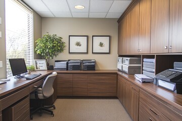 Aufkleber - Modern office interior with wooden furniture and natural light