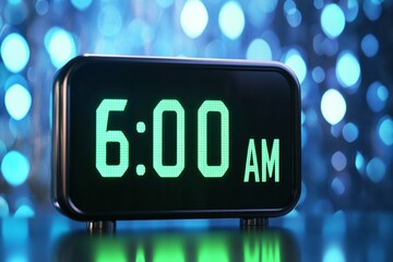 Canvas Print - Black digital alarm clock displays 600 AM with glowing green numbers against a futuristic metallic backdrop