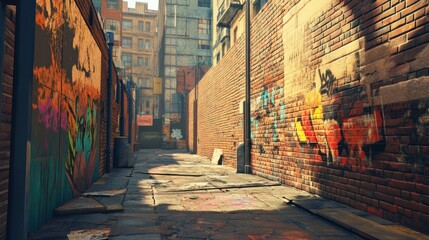 Poster - Urban street scene with colorful graffiti art on brick walls and empty alleys